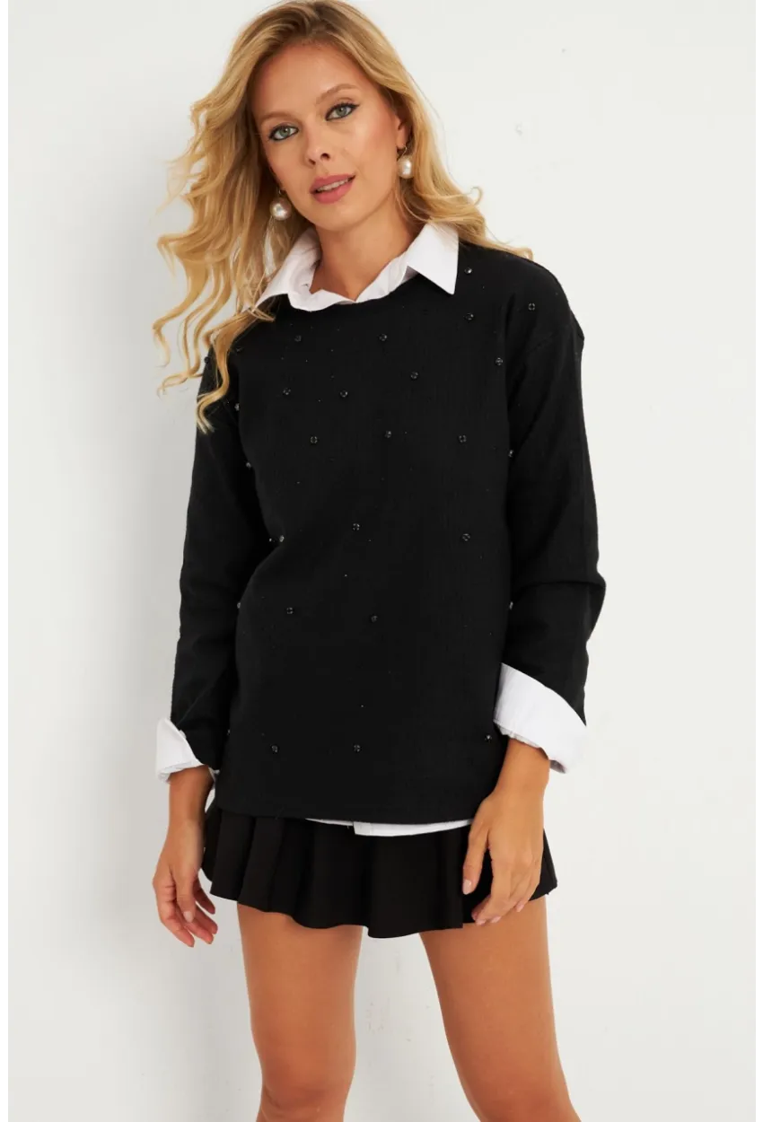 Kadın Siyah Taşlı Bluz YLE41