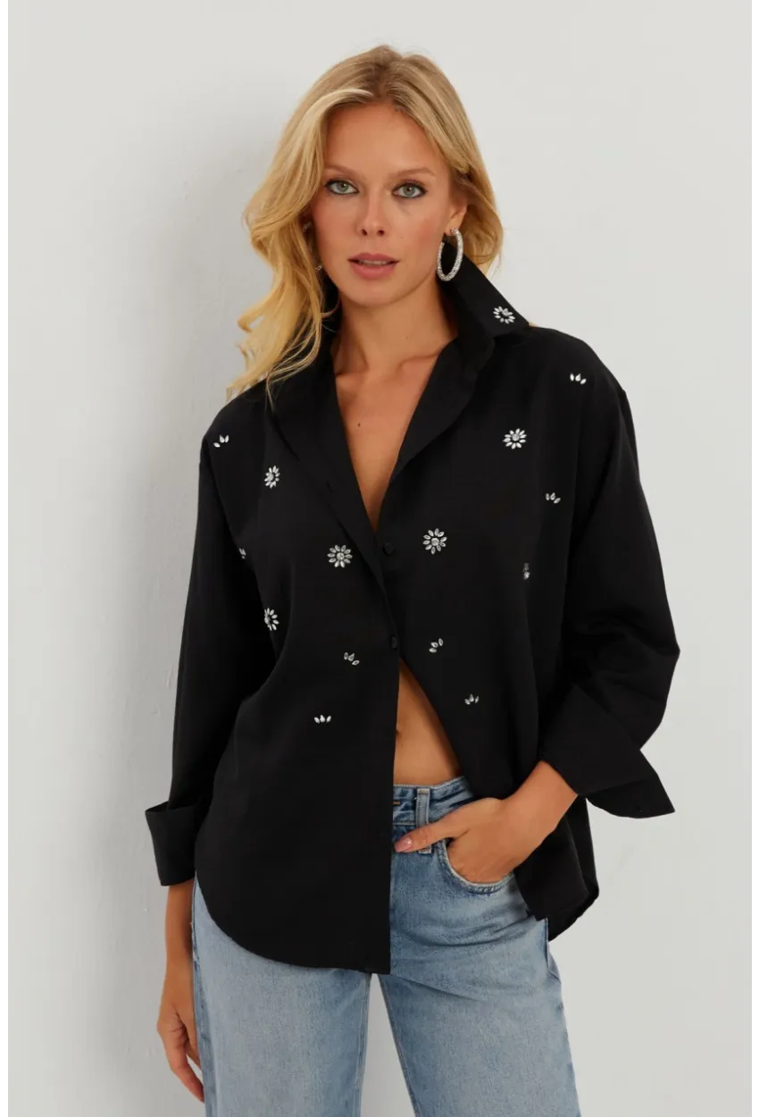 Kadın Siyah Taşlı Gömlek SF2550
