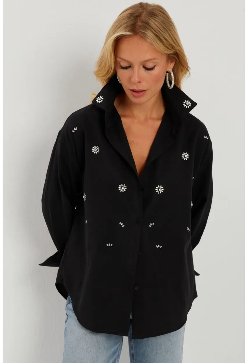 Kadın Siyah Taşlı Gömlek SF2550