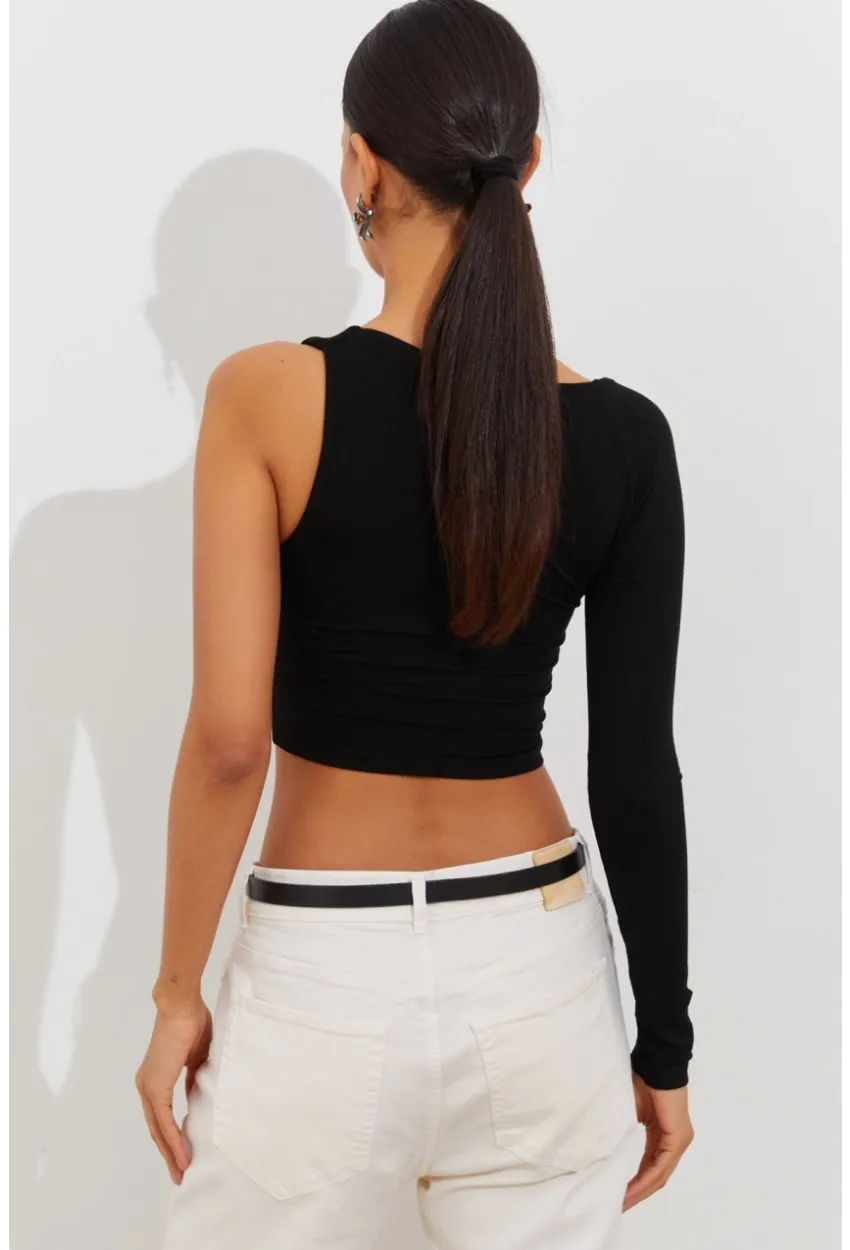 Kadın Siyah Tek Kol Asimetrik Crop Bluz BK1606