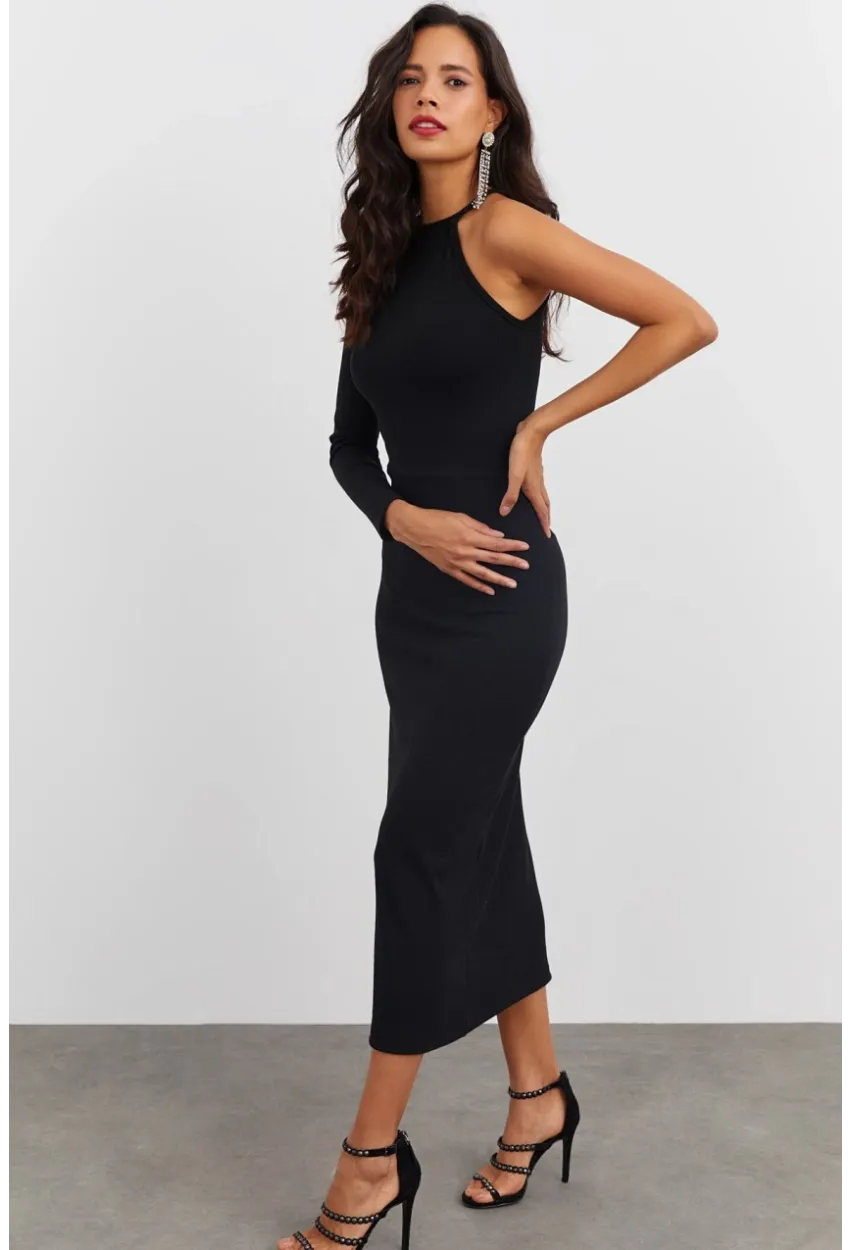 Kadın Siyah Tek Kol Kaşkorse Elbise EY1521