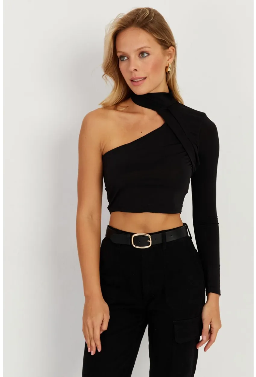 Kadın Siyah Tek Omuz Açık Bluz CY334