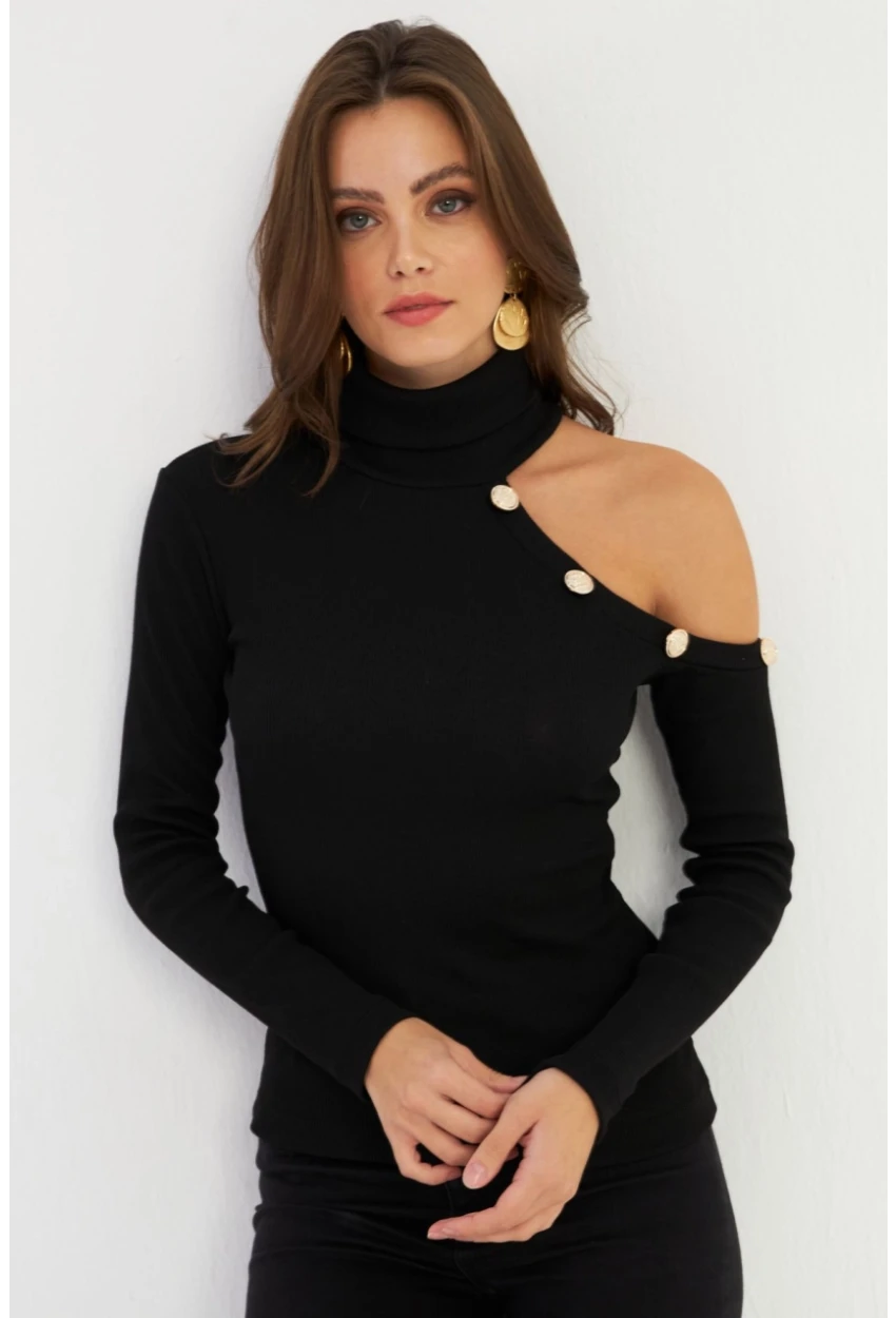 Kadın Siyah Tek Omuz Açık Kaşkorse Balıkçı Bluz EY2947