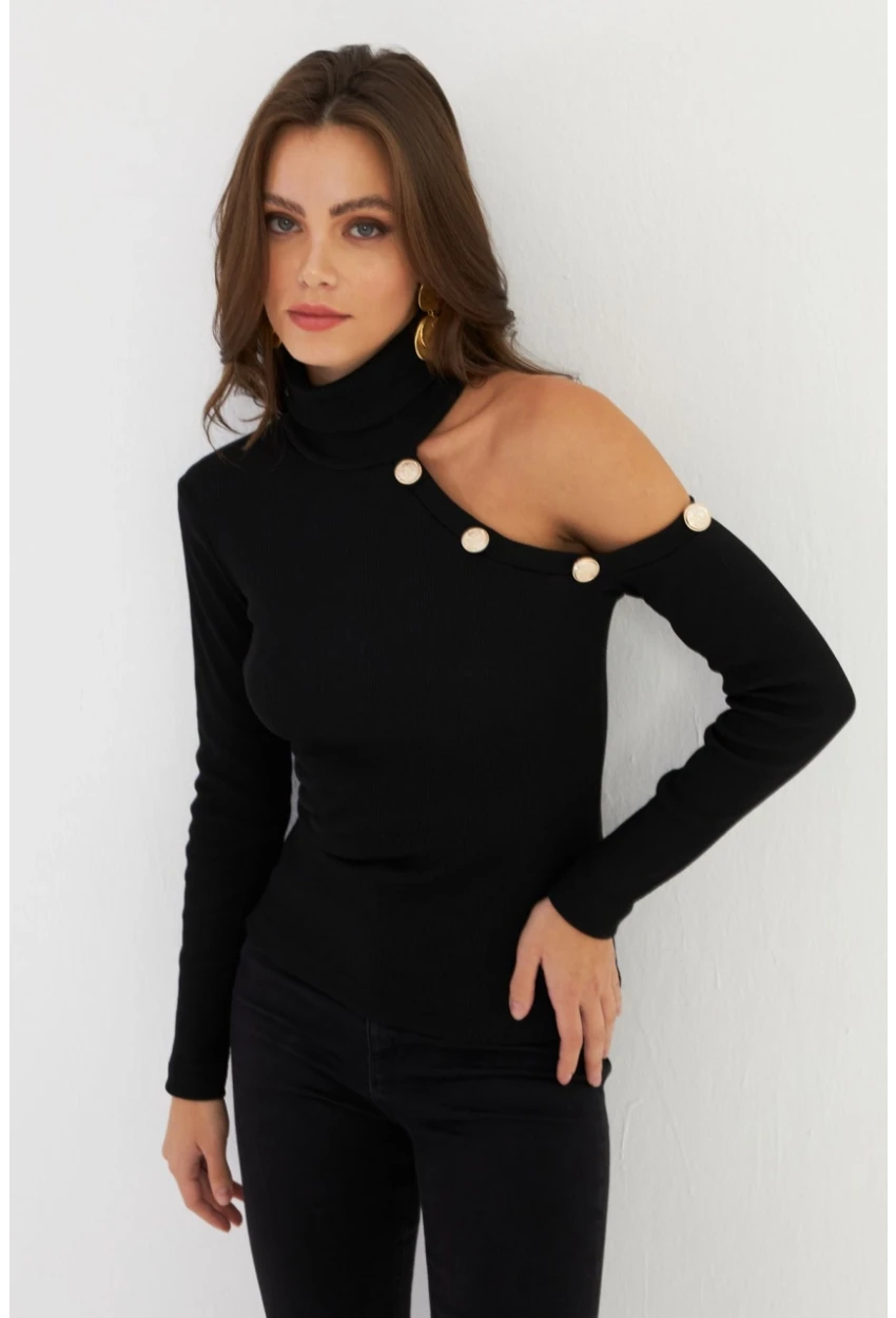 Kadın Siyah Tek Omuz Açık Kaşkorse Balıkçı Bluz EY2947