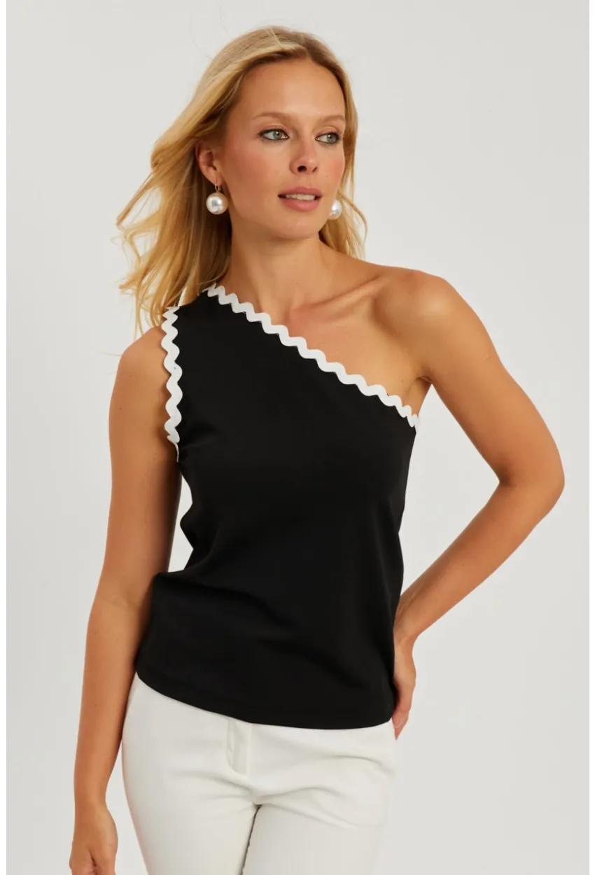 Kadın Siyah Tek Omuz Biyeli Bluz EY2792