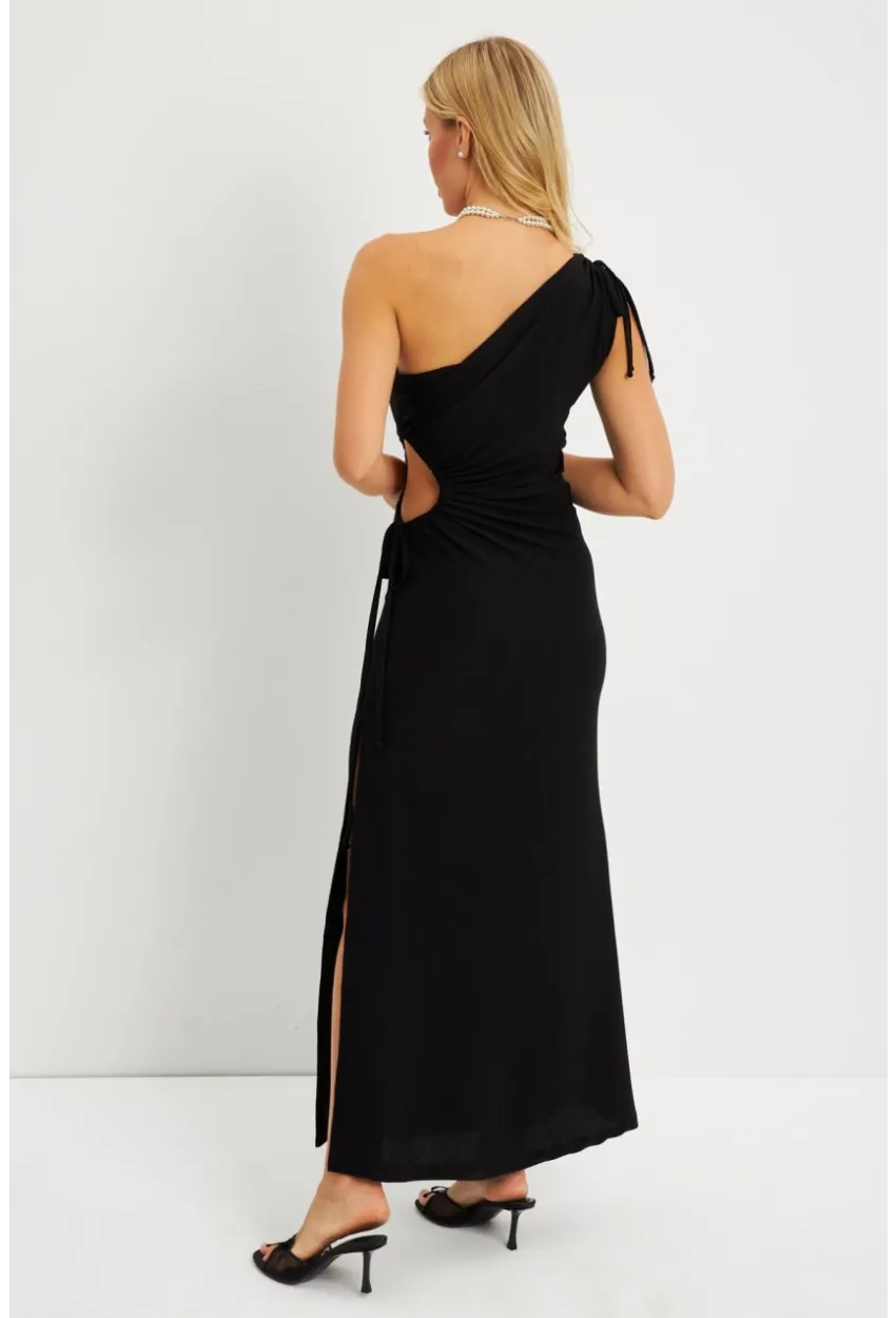 Kadın Siyah Tek Omuz Bürümcük Midi Elbise EY2786