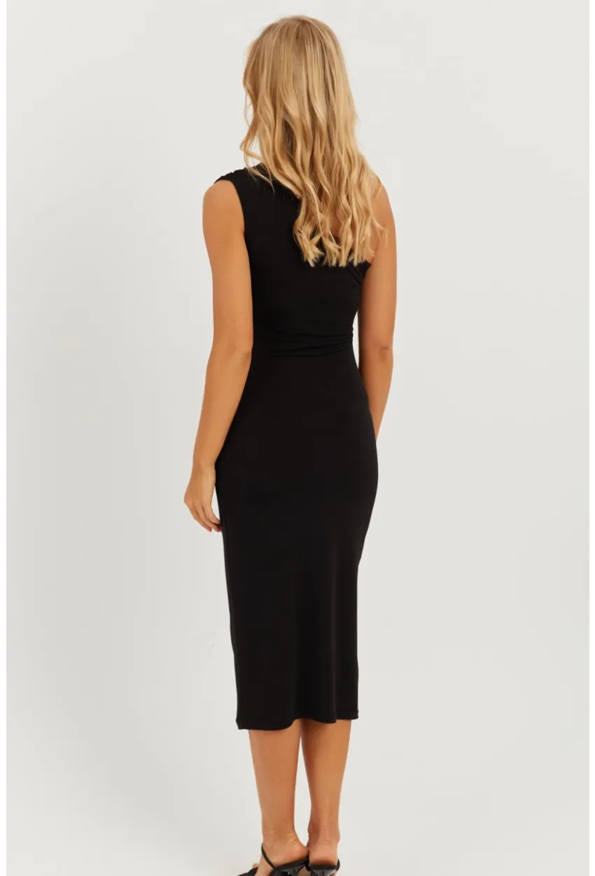 Kadın Siyah Tek Omuz Büzgülü Midi Elbise MEN2039