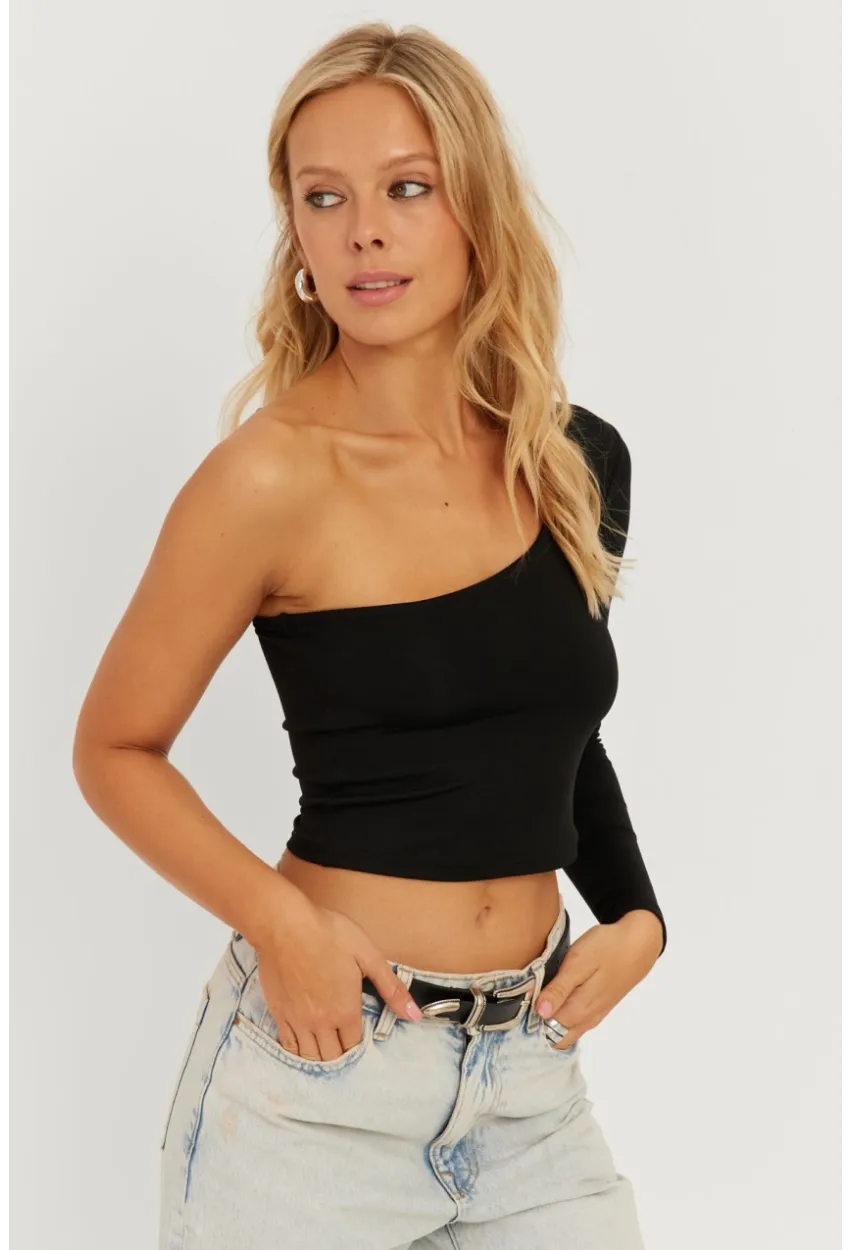 Kadın Siyah Tek Omuz Crop Bluz CY445