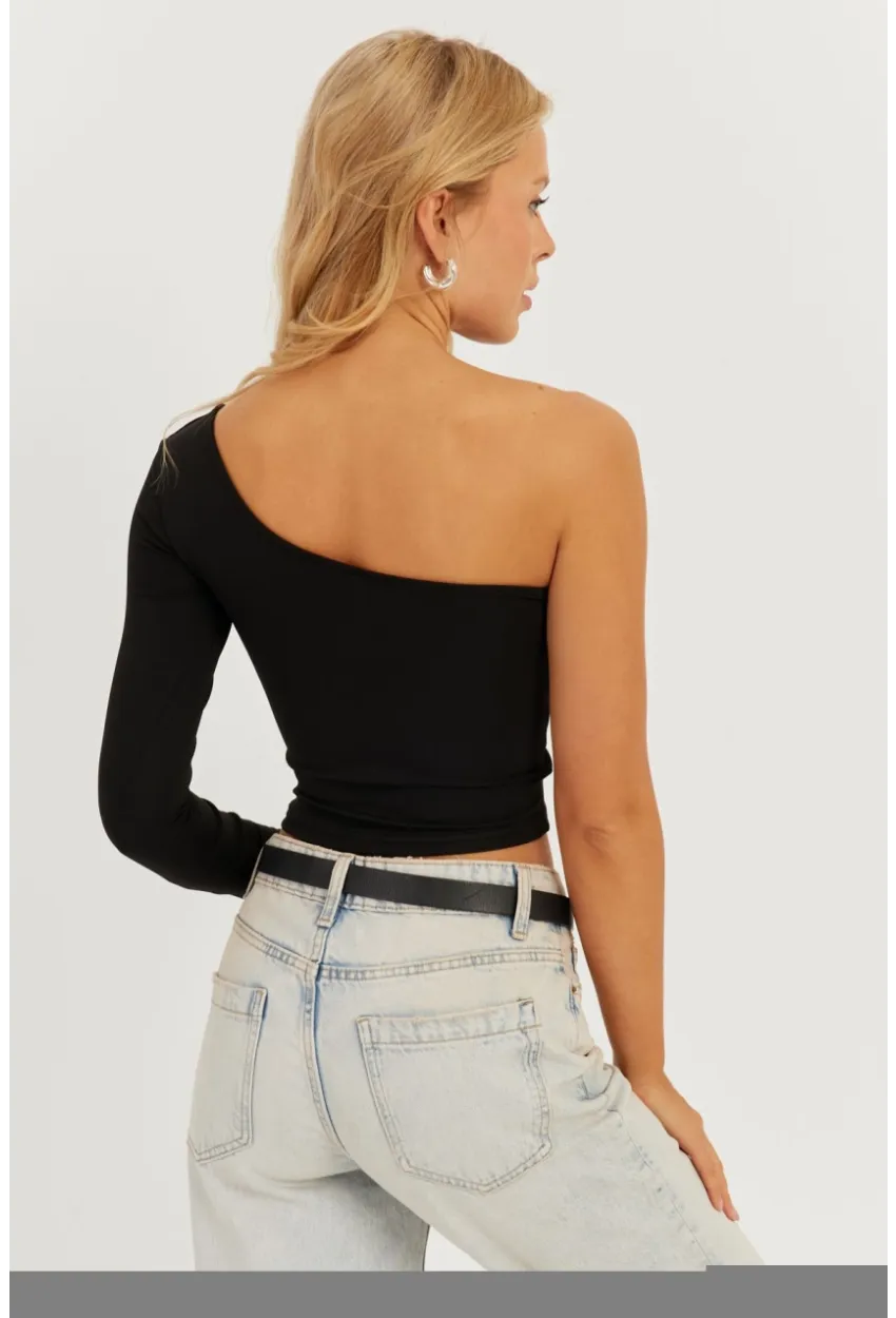 Kadın Siyah Tek Omuz Crop Bluz CY445