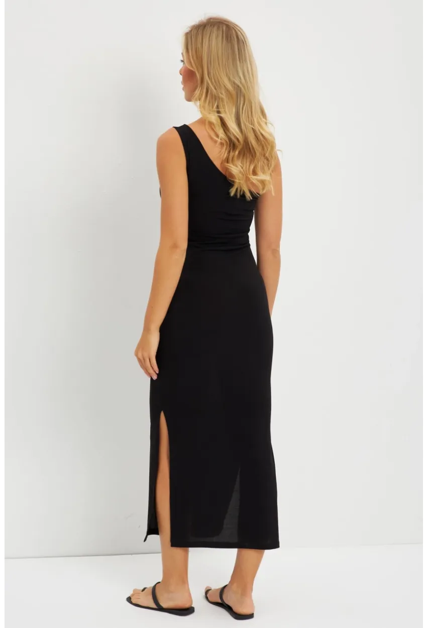 Kadın Siyah Tek Omuz Midi Elbise DMR284