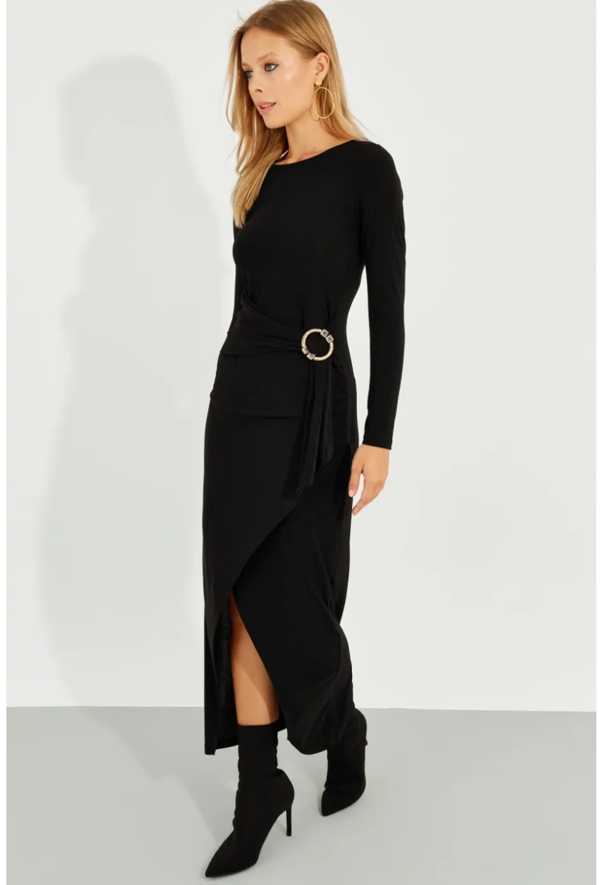 Kadın Siyah Tokalı Anvelop Maxi Elbise BK272020