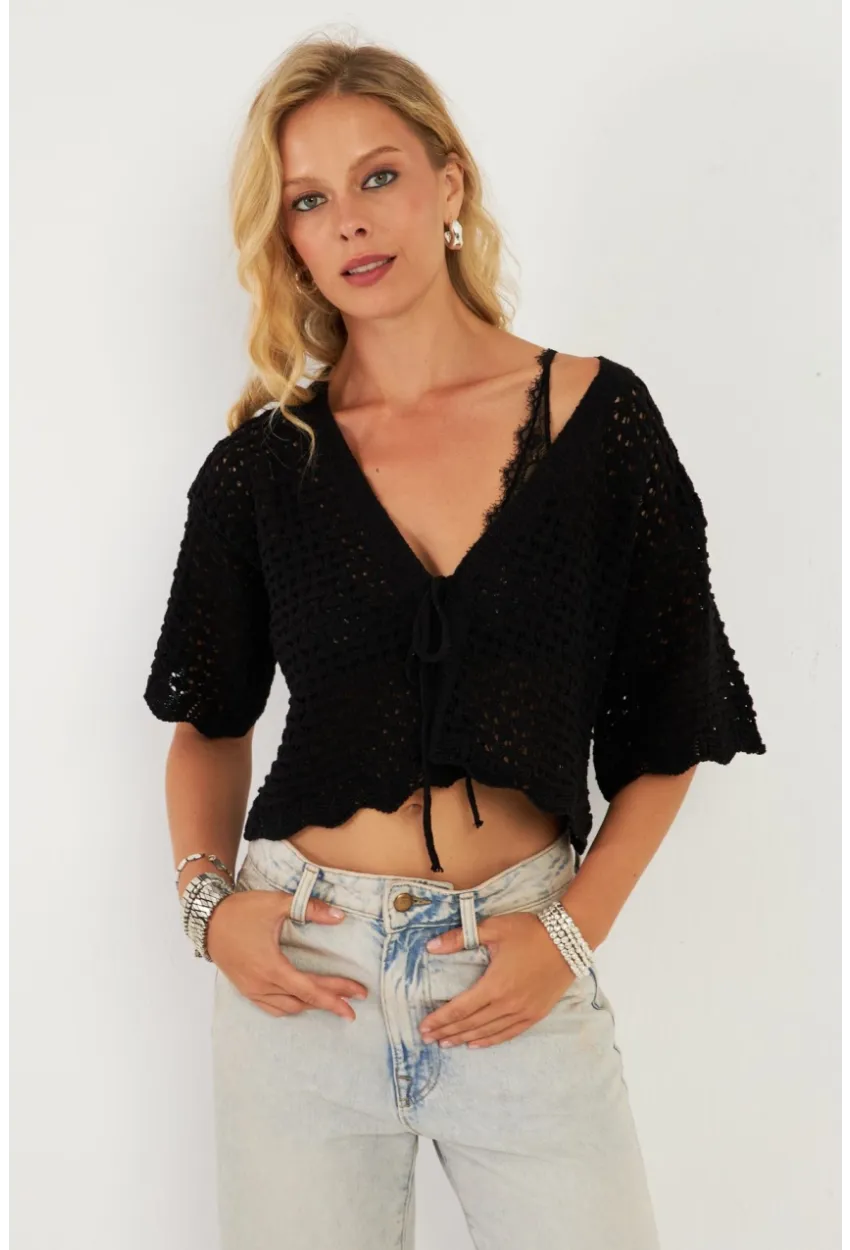 Kadın Siyah Triko Ajurlu Hırka YV255