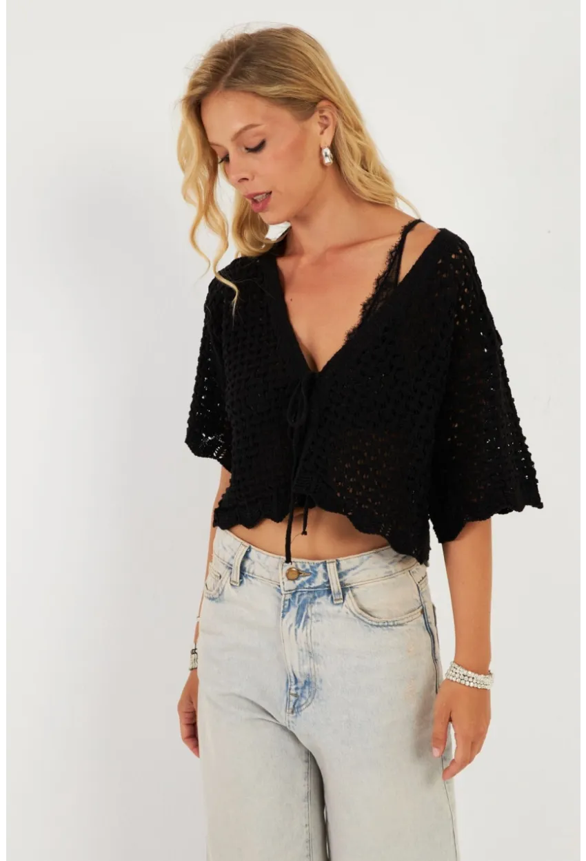 Kadın Siyah Triko Ajurlu Hırka YV255