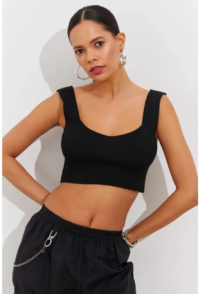 Kadın Siyah Triko Crop Atlet YV118