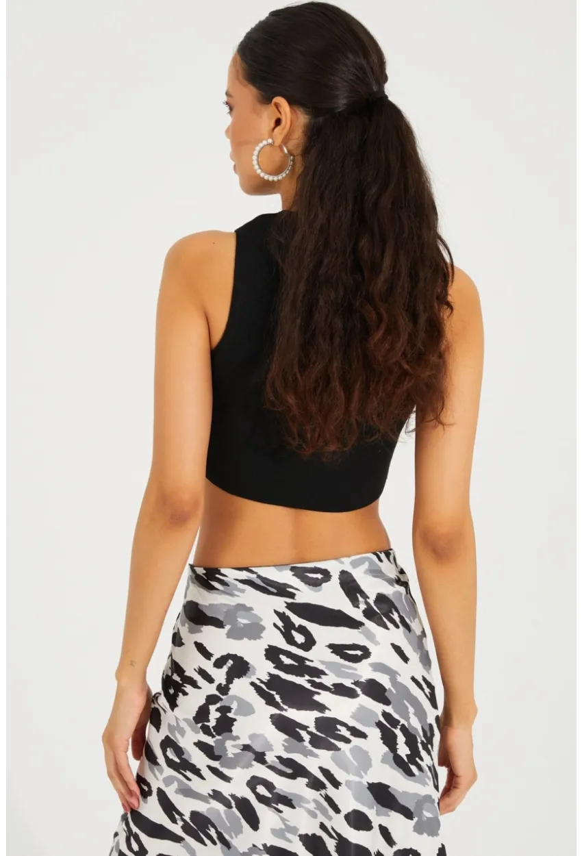 Kadın Siyah Triko Crop Triko Bluz KZ2447