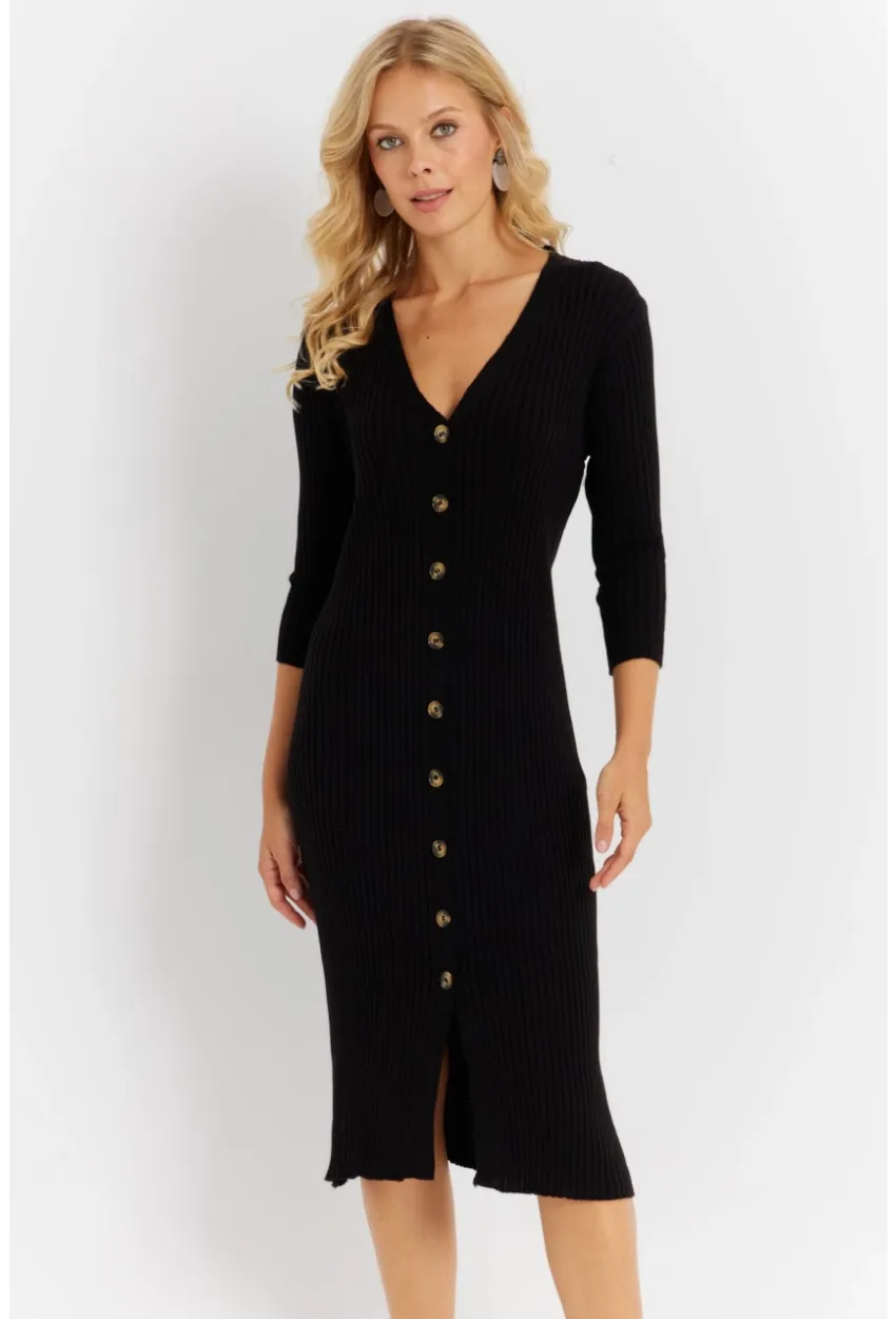 Kadın Siyah Triko Midi Gömlek Elbise YV274