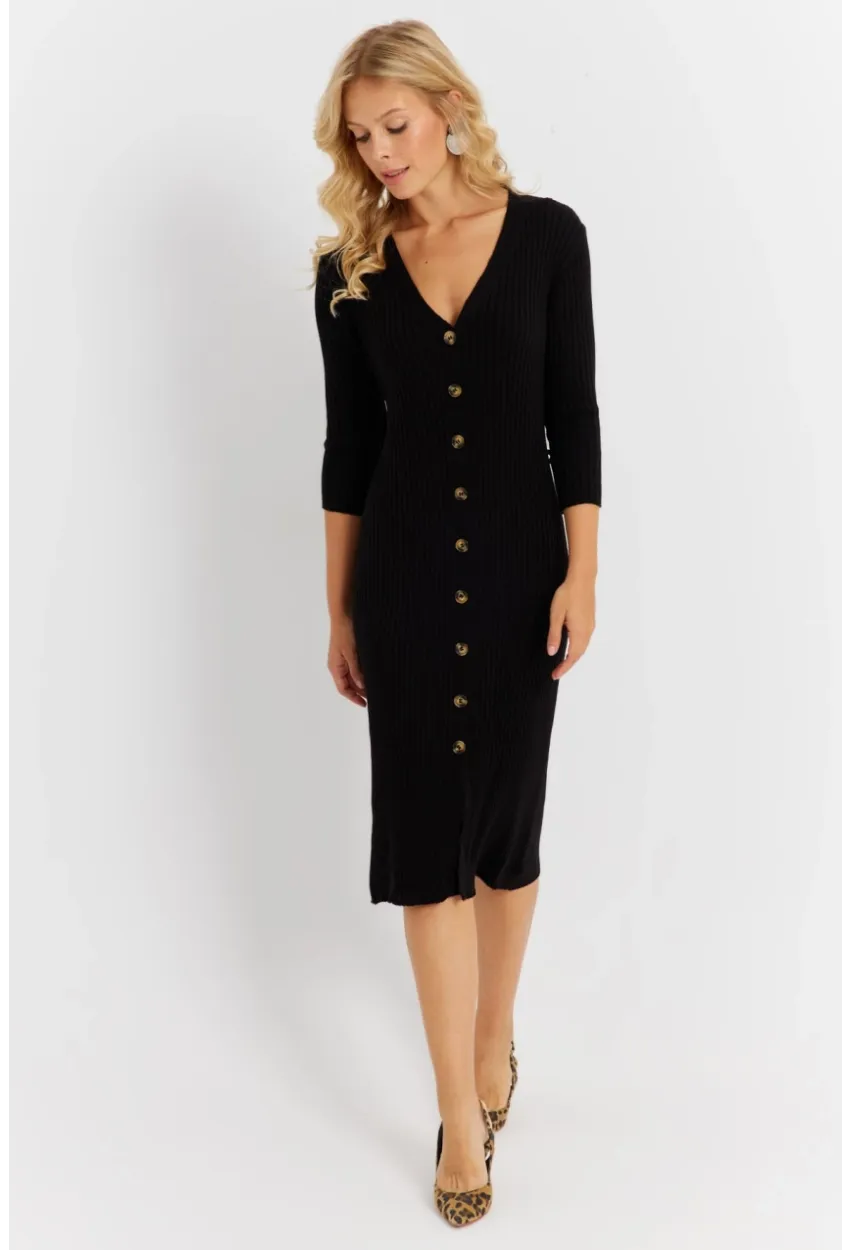 Kadın Siyah Triko Midi Gömlek Elbise YV274