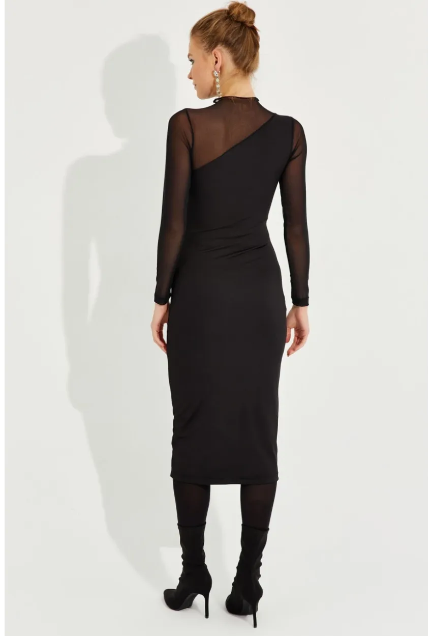 Kadın Siyah Tül Detaylı Asimetrik Midi Elbise EY2601