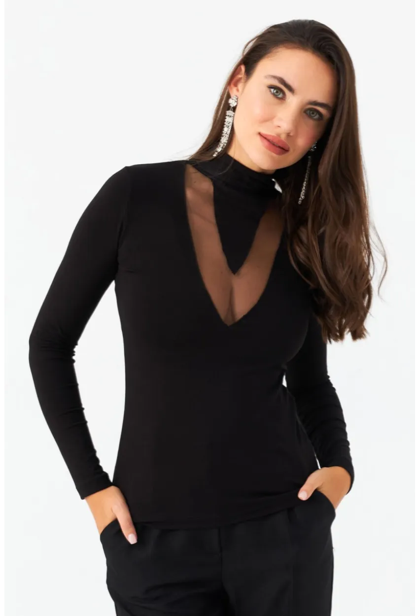 Kadın Siyah Tül Detaylı Bluz EY2977