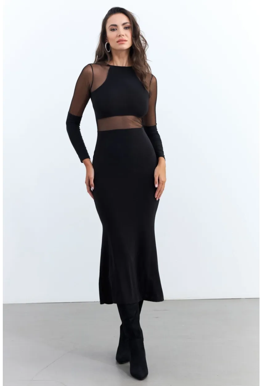 Kadın Siyah Tül Detaylı Midi Elbise ELT3834