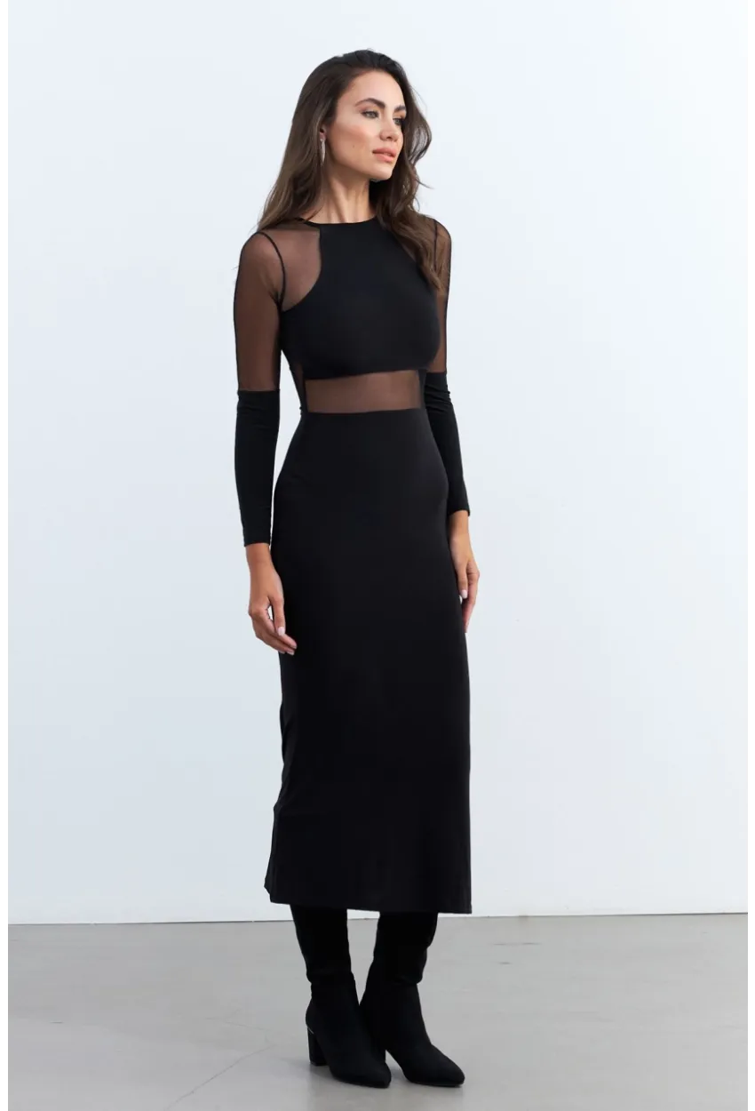 Kadın Siyah Tül Detaylı Midi Elbise ELT3834