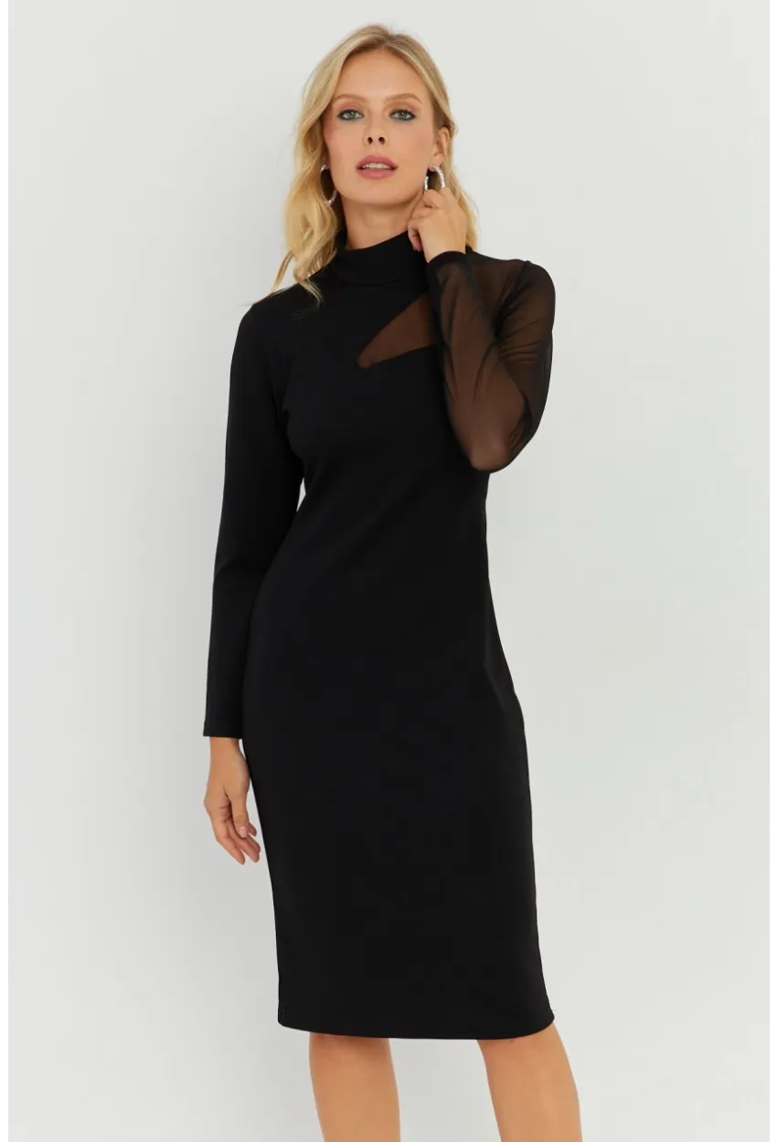 Kadın Siyah Tül Detaylı Midi Elbise ST5022