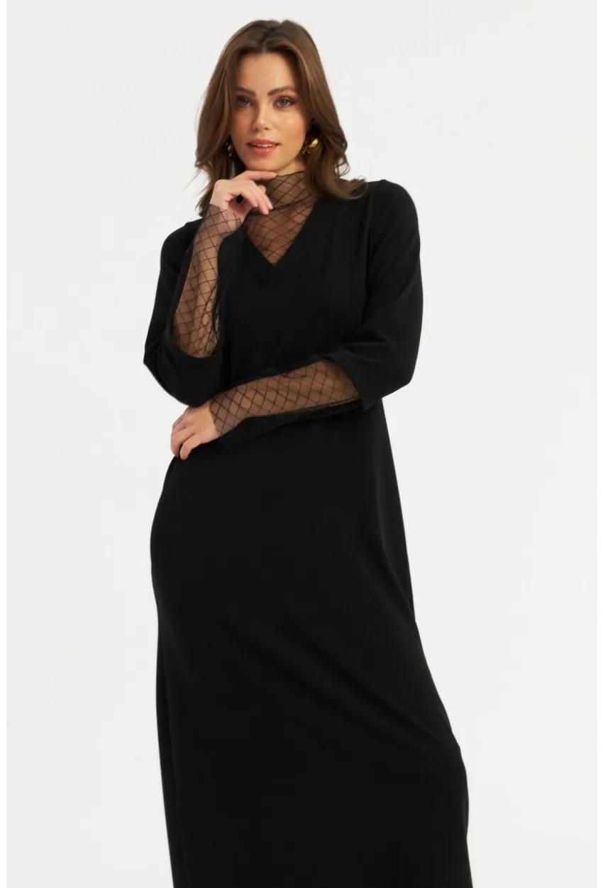 Kadın Siyah Tül Detaylı V Yaka Midi Elbise MBK55