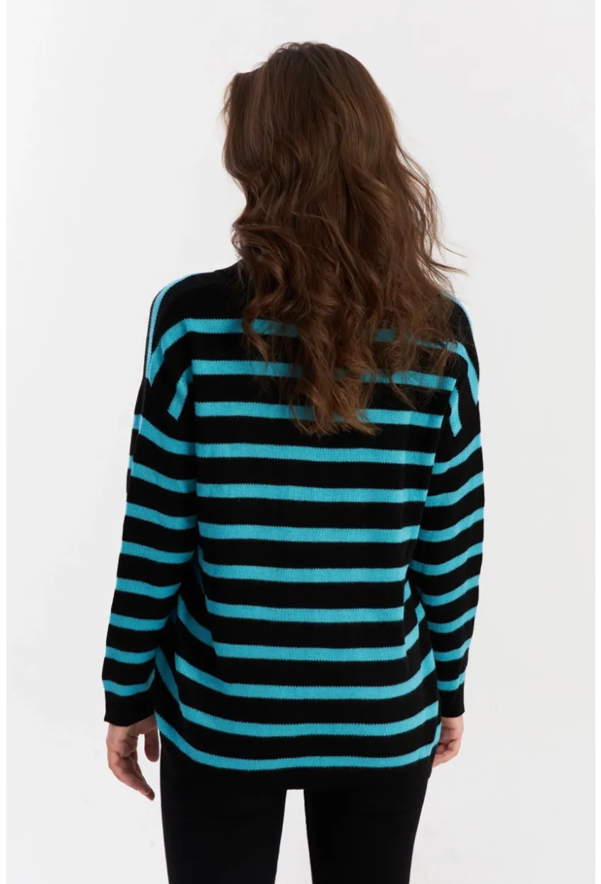 Kadın Siyah-Turkuaz Polo Yaka Çizgili Triko Kazak SE01