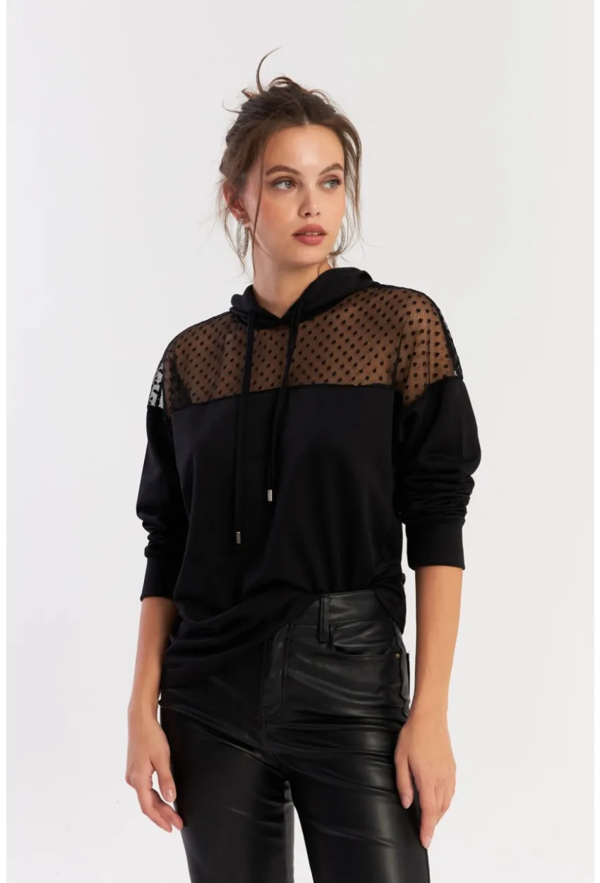 Kadın Siyah Üstü Tül Kapüşonlu Sweatshirt EY2934