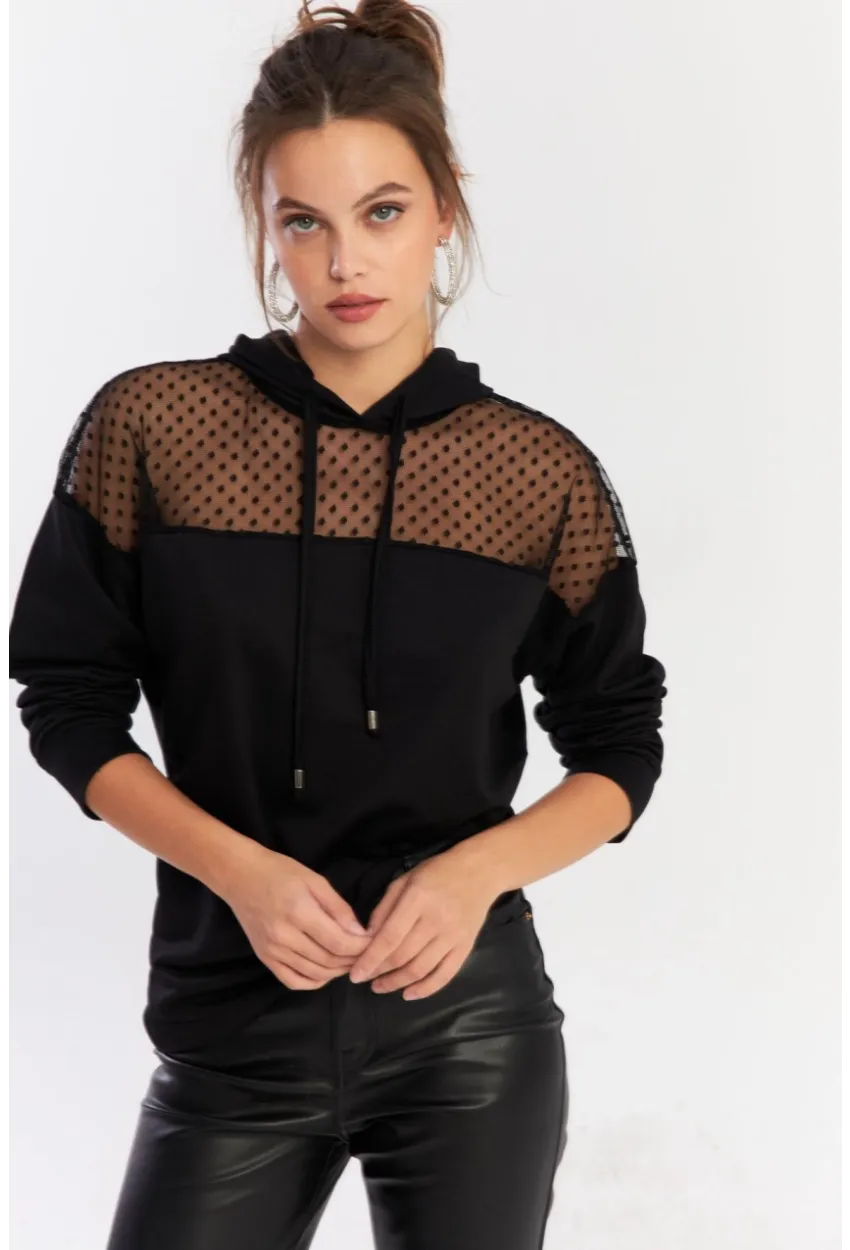 Kadın Siyah Üstü Tül Kapüşonlu Sweatshirt EY2934