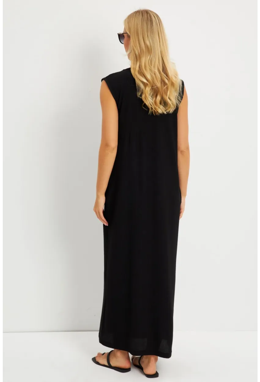 Kadın Siyah V Yaka Bloklu Maxi Elbise EY2779