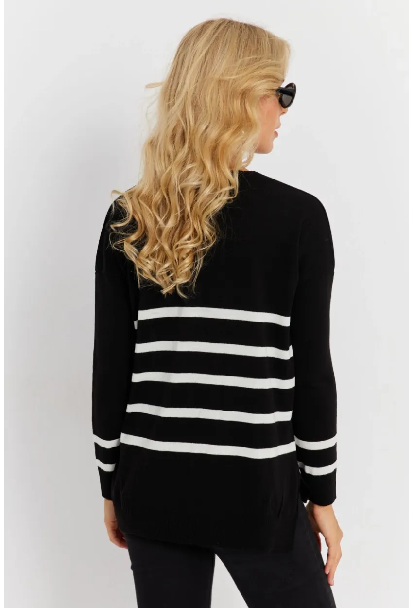 Kadın Siyah V Yaka Çizgili Triko Kazak YİL550