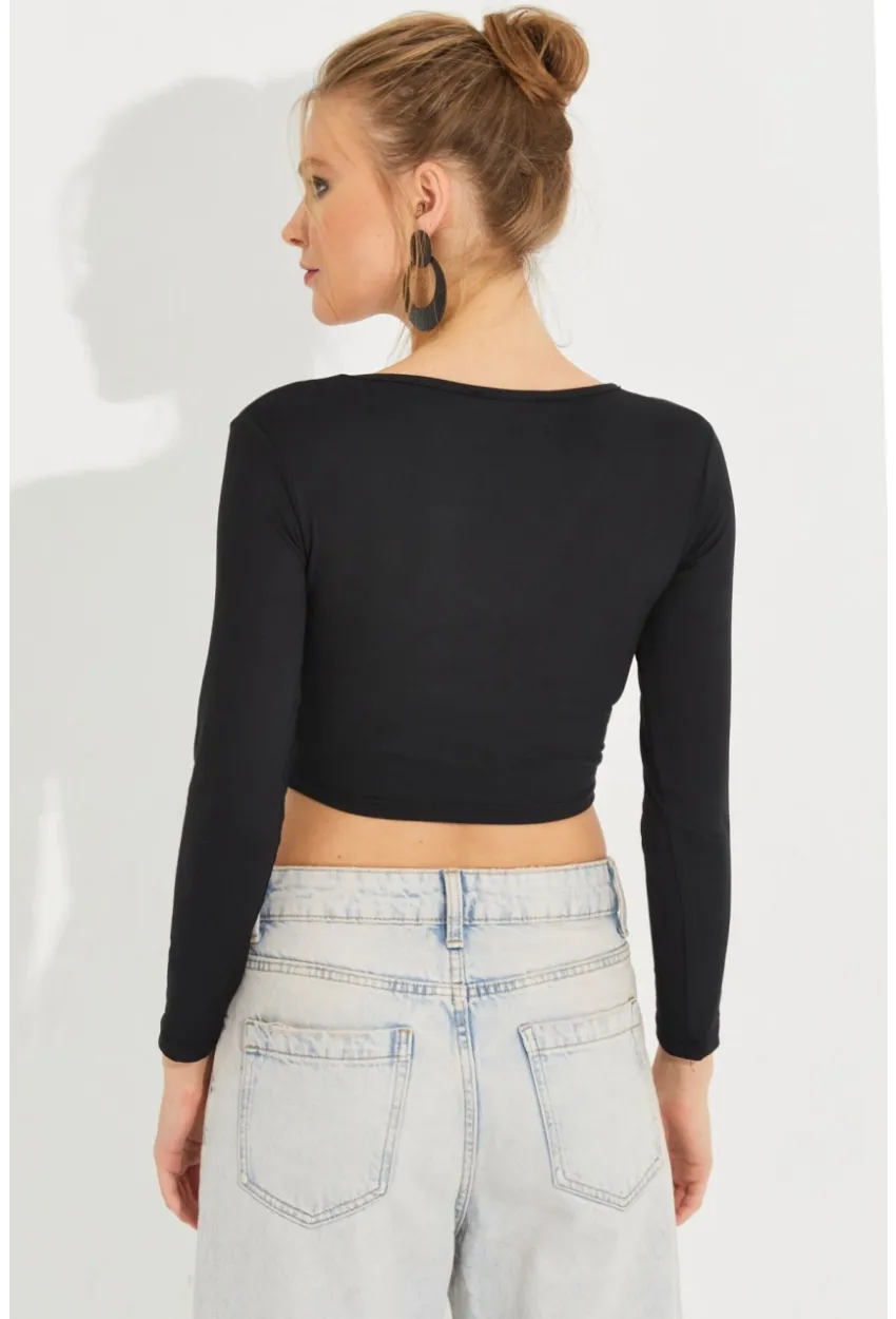 Kadın Siyah V Yaka Crop Bluz LPP1241