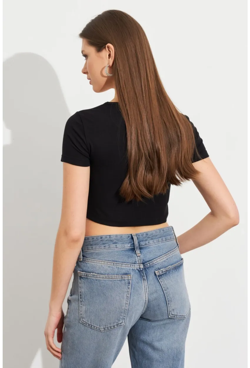 Kadın Siyah V Yaka Crop Bluz TOP101