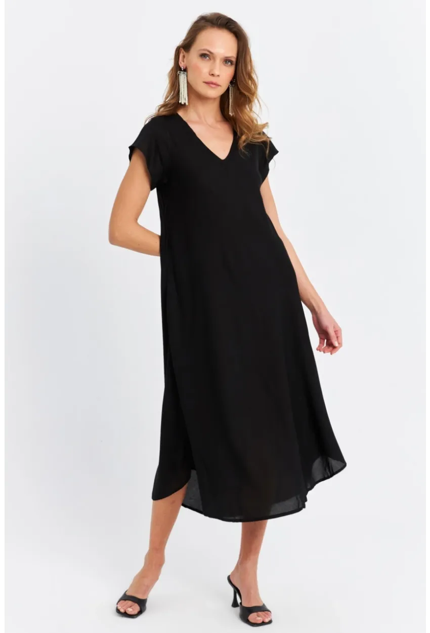 Kadın Siyah V Yaka Midi Elbise PC22649
