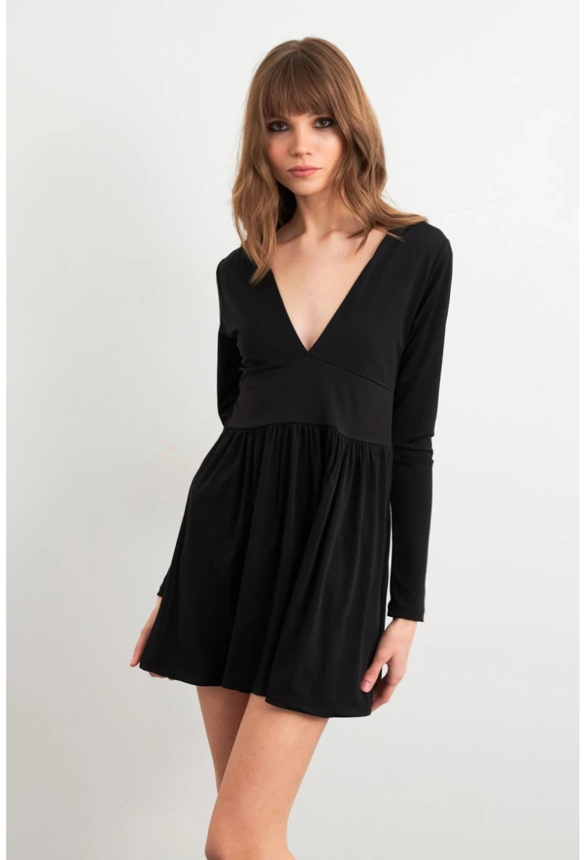 Kadın Siyah V Yaka Mini Elbise LİK17