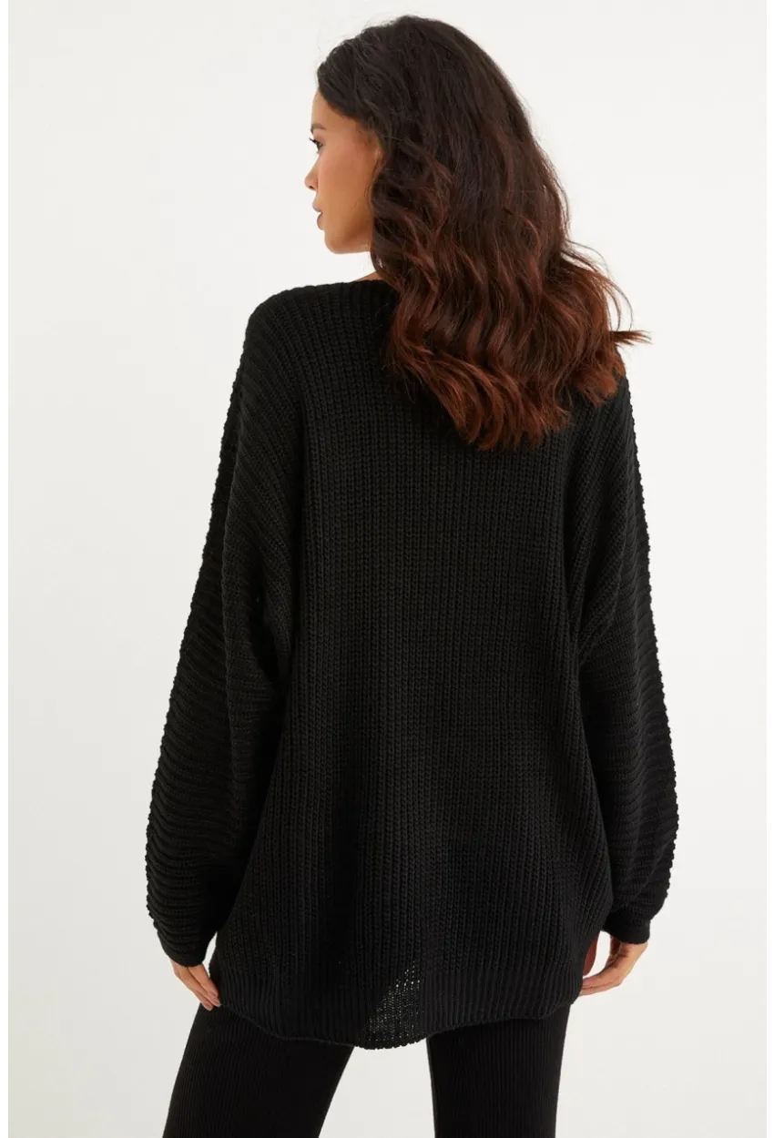 Kadın Siyah V Yaka Salaş Oversize Triko Tunik SMT158