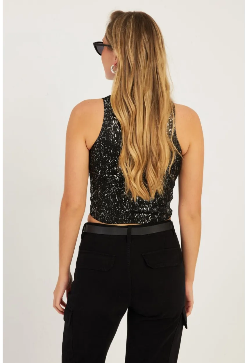 Kadın Siyah Varaklı Bluz KZ2509