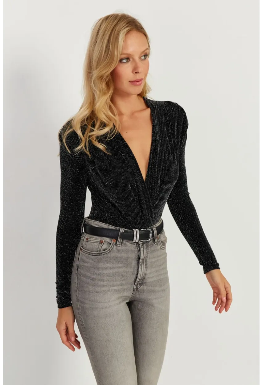 Kadın Siyah Vatkalı Kruvaze Çıtçıtlı Bodysuit GÇ151