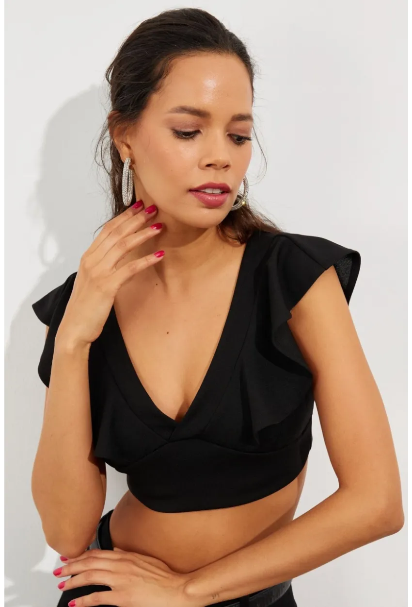 Kadın Siyah Volanlı Crop Bluz B2589