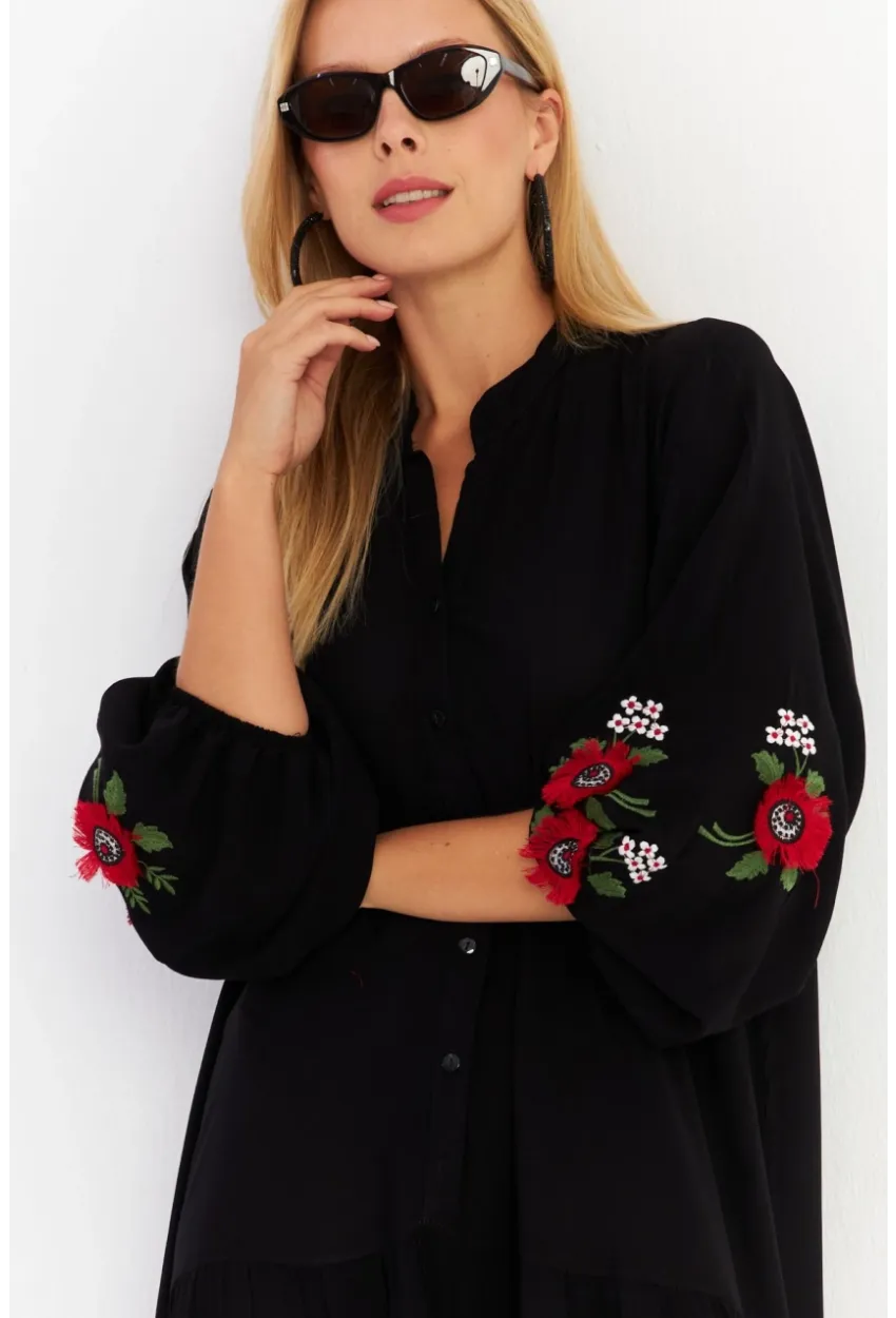 Kadın Siyah Volanlı Maxi Elbise MALO9