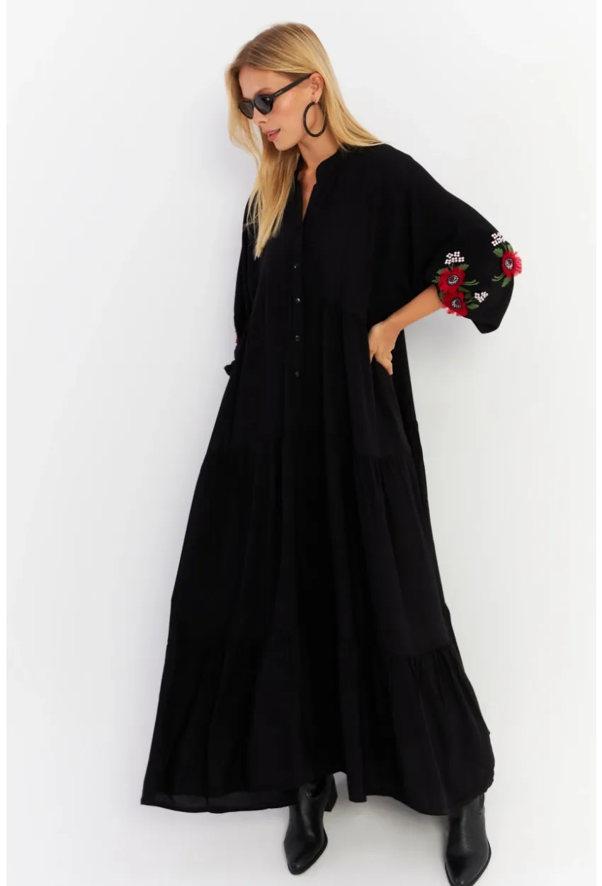 Kadın Siyah Volanlı Maxi Elbise MALO9