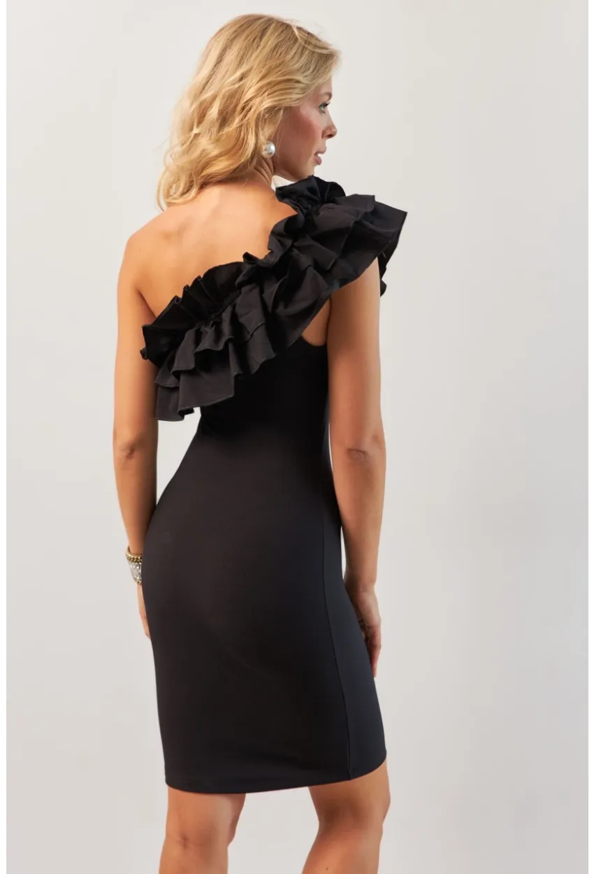 Kadın Siyah Volanlı Mini Elbise KED4294