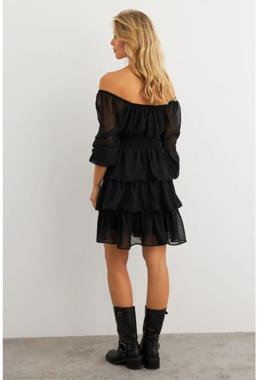 Kadın Siyah Volanlı Şifon Mini Elbise KSD2831