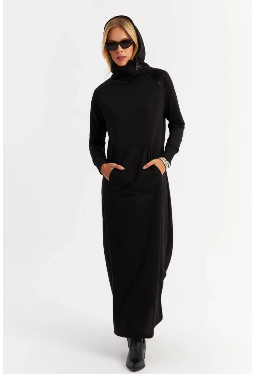 Kadın Siyah Yakası Fermuarlı Maxi Sweat Elbise MTF12