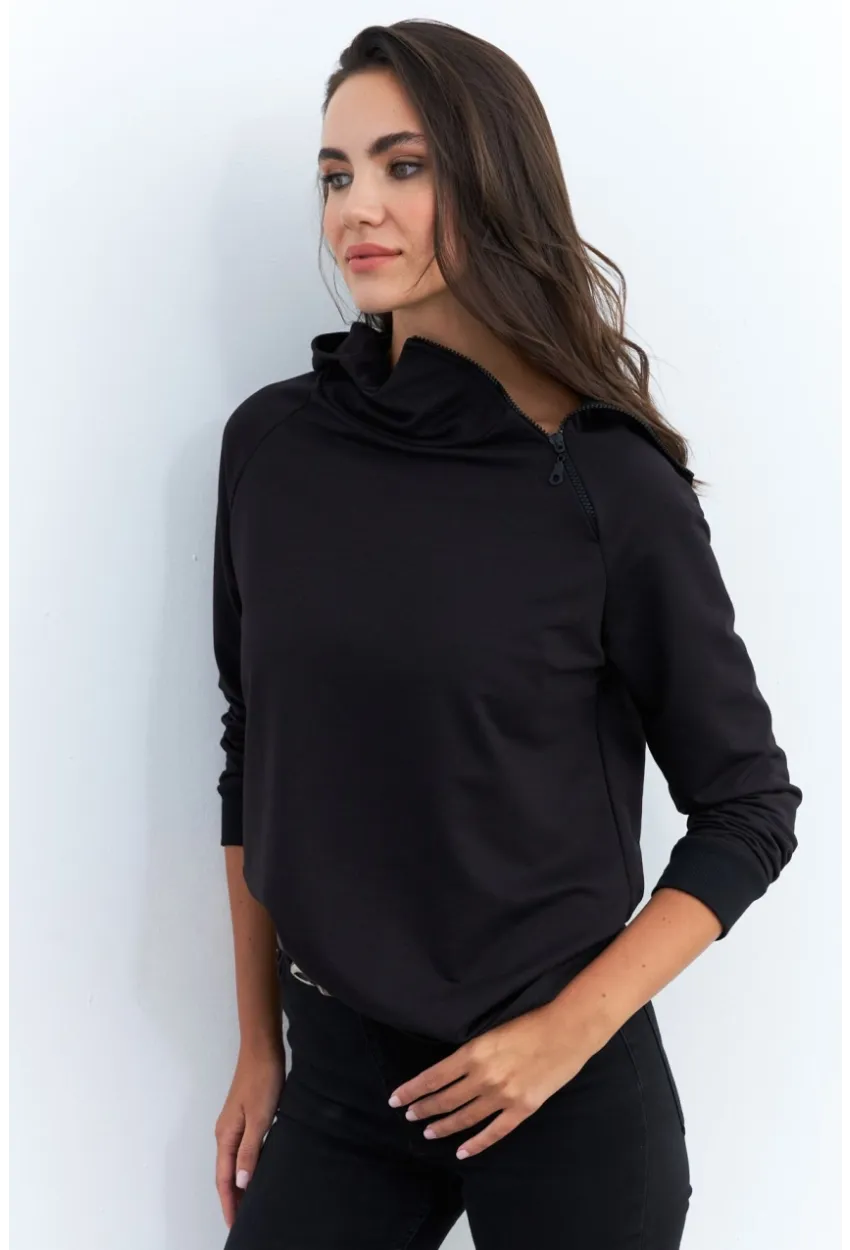 Kadın Siyah Yakası Fermuarlı Sweatshirt TF11