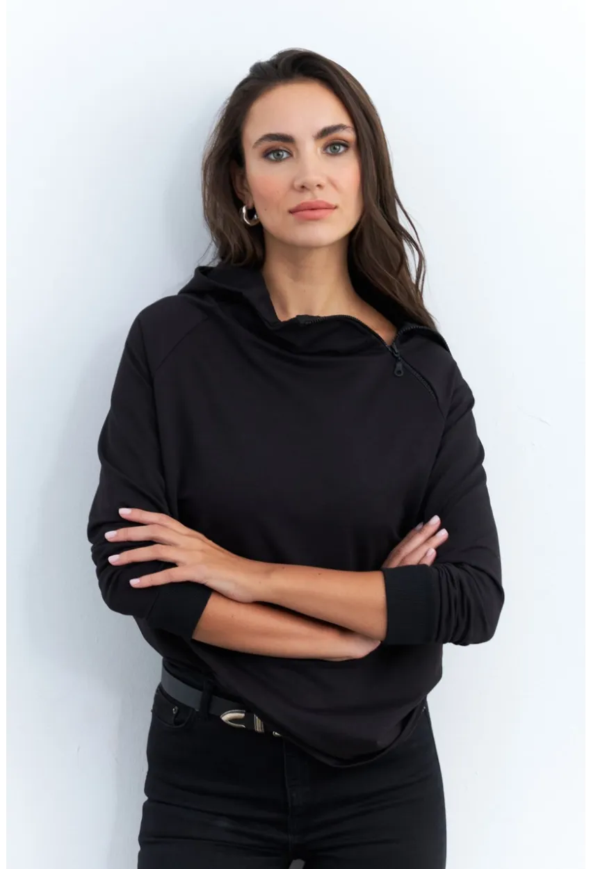 Kadın Siyah Yakası Fermuarlı Sweatshirt TF11