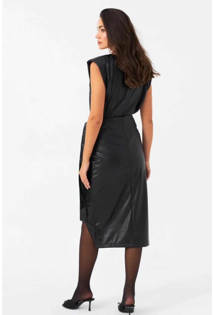 Kadın Siyah Yandan Bağlamalı Kruvaze Suni Deri Etek NH94
