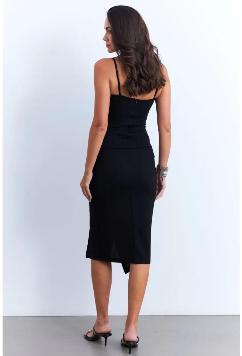 Kadın Siyah Yanı Yırtmaçlı Pedli Midi Elbise CY3022