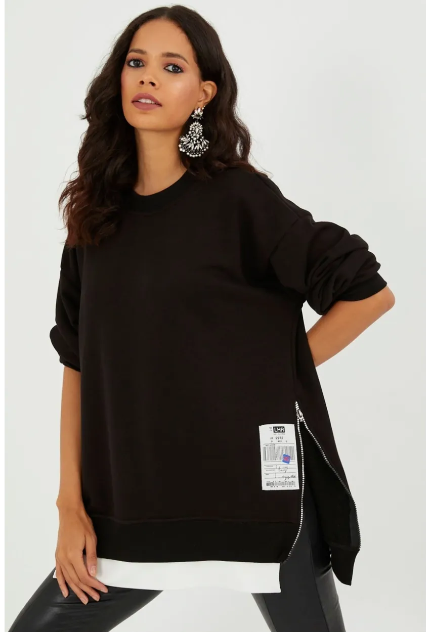 Kadın Siyah Yanları Fermuarlı Oversize Sweatshirt BK231095